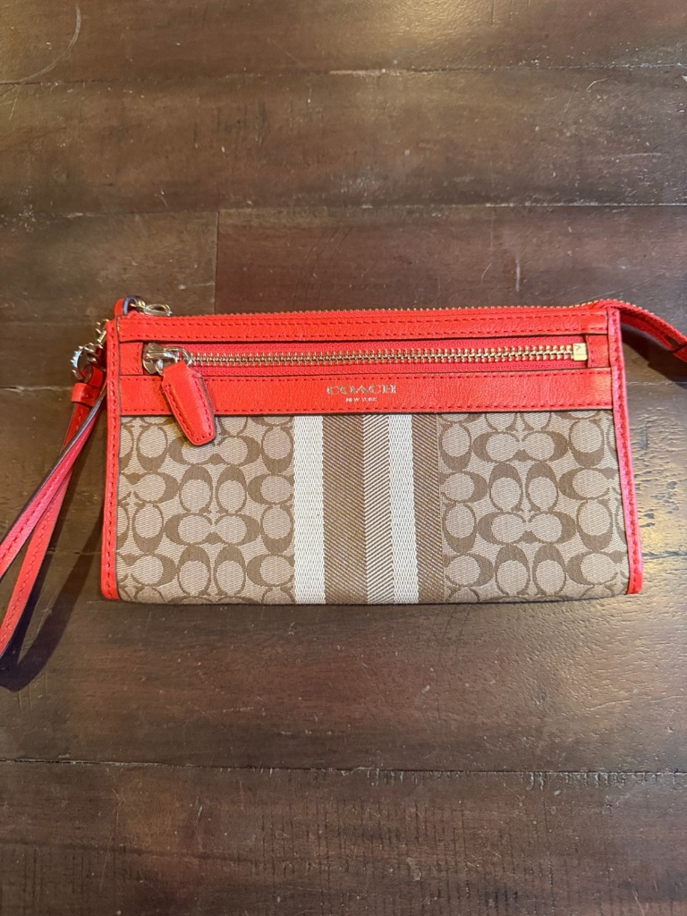 Coach Brown Signature Stripe Wristlet with Orange Trim